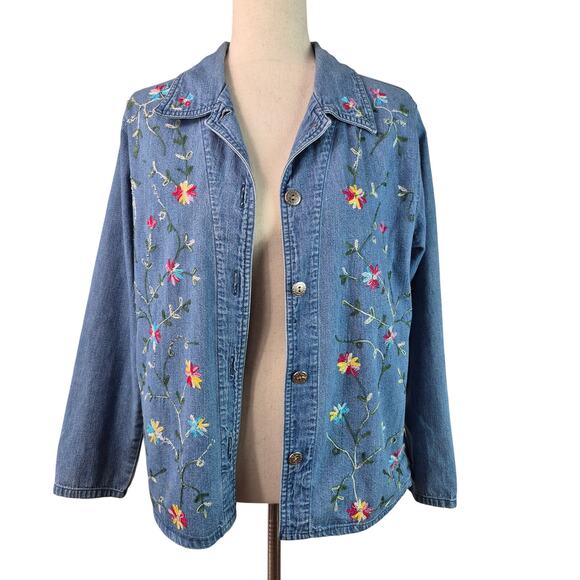 Tudor Court Blue Denim Floral Embroidered Vintage Top Shirt Shacket Large - Picture 2 of 5
